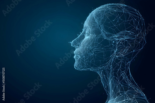 Abstract human face in profile. AI assistant or Artificial Intelligence agent concept. Low poly wireframe head of humanoid robot in technology futuristic style. Blue tech background. Digital avatar.