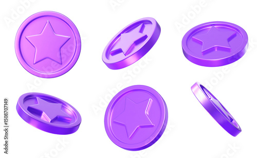 3D set purple star coins with different angles. Stock vector illustration on isolated background.