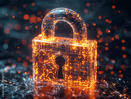 AI generated image of a glowing digital padlock surrounded by particles, symbolizing cybersecurity, data encryption, privacy, and secure technology in a futuristic and abstract digital environment. 