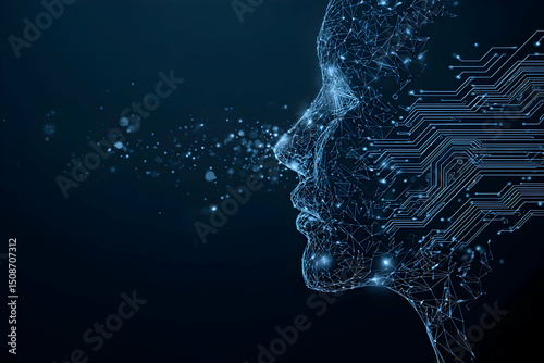 Abstract human head consists of connected dots, lines, and polygons flows into the wires of a circuit. The silhouette of a cyborg in low poly blue. AI face concept. Artificial Intelligence background.
