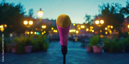 A pink microphone stands on the stage of an open-air concert, with yellow wires and a blurred background of shopping mall windows.