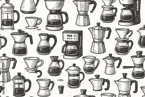Seamless pattern vector illustration featuring hand-drawn sketches of coffee makers like moka pots, french press, drip machines. Vintage coffee brewing equipment background design.