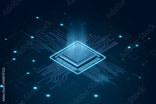 Abstract isometric AI chip or CPU processor, front side bus, and circuit circle connected lines on technology blue background. Big data. Digital innovation on tech bg. 3D polygonal vector illustration