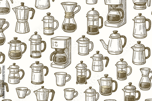 Vintage Coffee Brewing Equipment Seamless Pattern. Hand Drawn Sketch Vector Illustration Background with Various Coffee Makers, Pots, French Press, Moka, Pour Over, Drip Machine.