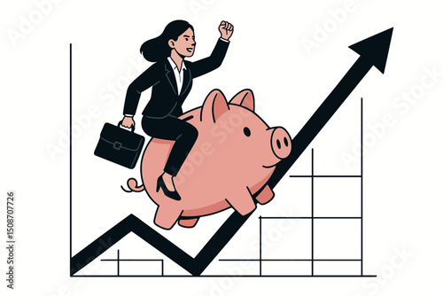 Determined businesswoman with briefcase riding piggy bank on ascending arrow graph. Flat vector concept illustrating financial growth, investment strategy, savings success, market rise.