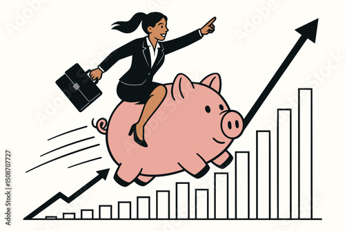Dynamic businesswoman with briefcase riding a pink piggy bank along an ascending bar graph, illustrating financial growth, successful investment, savings, profit, and career progress.