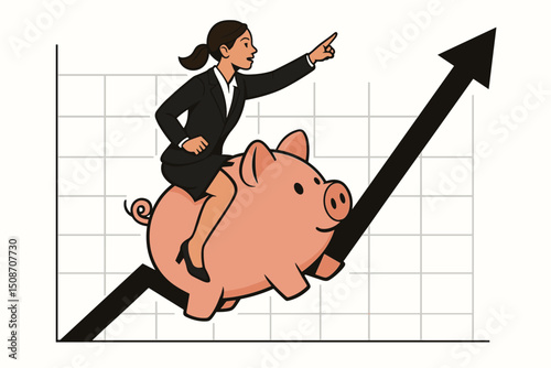 Determined businesswoman in suit riding a pink piggy bank along an upward trending arrow graph, representing successful investment, financial planning, savings, and profit growth vector.