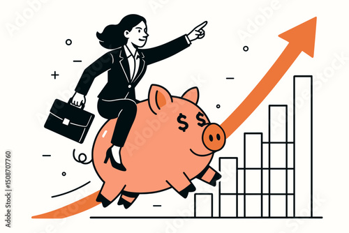 Vector illustration of ambitious businesswoman riding piggy bank up a growth chart, symbolizing financial planning, investment strategy, savings goals, and business success.