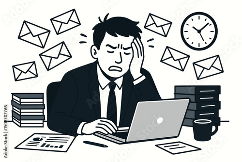 Stressed businessman overwhelmed by email overload and work pressure, sitting at office desk with laptop. Vector illustration depicting corporate burnout, deadline anxiety, and information fatigue.