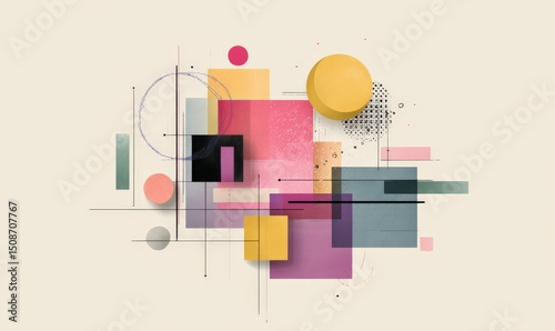 Abstract geometric shapes in pastel colors with rectangles, circles, and triangles on a textured background.