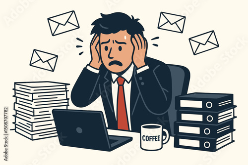 Stressed businessman overwhelmed by email overload and paperwork at office desk. Cartoon vector illustration of burnout, pressure, deadline, workload, and modern work life anxiety.