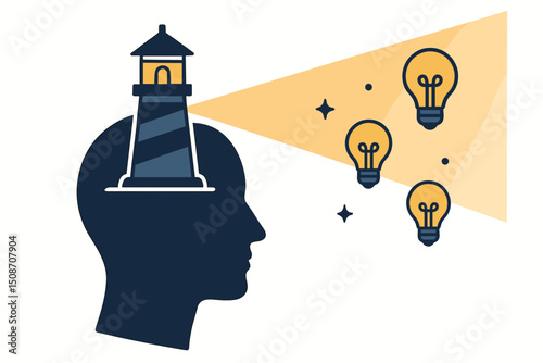 Mind lighthouse concept vector. Human head silhouette with internal lighthouse guiding thought process, shining light on new ideas, insights, innovation, and mental clarity.