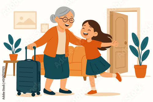 Visiting grandmother arrives with suitcase, greeted by excited granddaughter running for a hug. Heartwarming family reunion vector illustration showing love, travel, and welcome home.