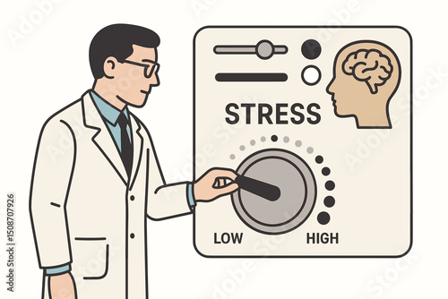 Healthcare professional adjusting mental stress level on control panel device, vector illustration concept for psychology, wellbeing, burnout prevention, and anxiety management.