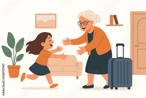 Heartwarming Family Reunion: Happy Granddaughter Runs to Embrace Arriving Grandmother with Suitcase at Home. Loving Welcome Scene with Senior Woman and Child Vector Illustration.