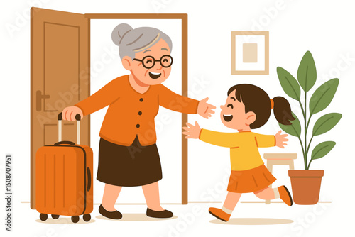 Grandmother arriving home with luggage greeted by ecstatic granddaughter running for a hug, heartwarming vector graphic capturing a joyful family reunion and intergenerational love.