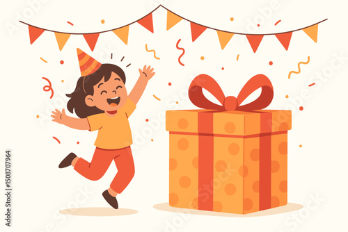 Joyful cartoon child celebrating a birthday party, excitedly jumping next to a huge wrapped gift box. Festive vector graphic with bunting and confetti for celebratory designs.