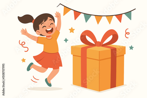Joyful cartoon little girl excited about her birthday gift, jumping happily beside a large present box. Festive scene with party bunting, confetti, and stars for celebration. Vector graphic.