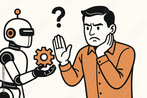 Human skepticism concept vector art. Confused man showing doubt and resistance towards a robot offering a technological gear solution representing AI, automation, and innovation.