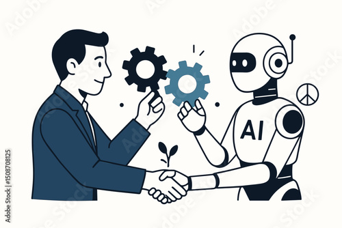 Collaboration concept vector with businessman and AI robot shaking hands. Holding gears represents synergy, partnership, future technology, automation, innovation, and growth.