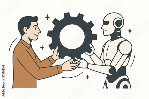 Futuristic Partnership: Smiling man and friendly android robot working together, holding a large cogwheel, representing technological advancement, AI integration, and collaborative problem solving.