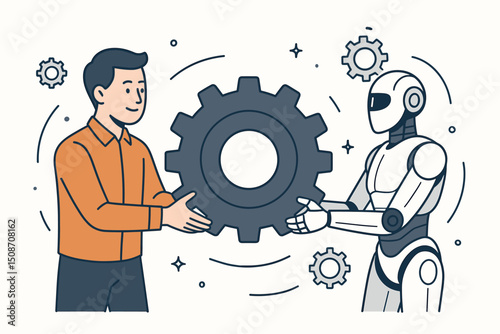 Human Worker and Android Robot Partner Holding Gear Together - Futuristic Collaboration, AI Synergy, Automation, and Technological Advancement Line Art Vector Illustration.