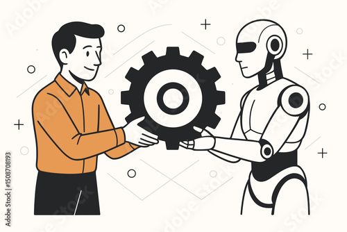 Minimalist line art showing human-robot collaboration. Man and AI android holding a gear, symbolizing technological integration, automation, future teamwork, and industrial progress.