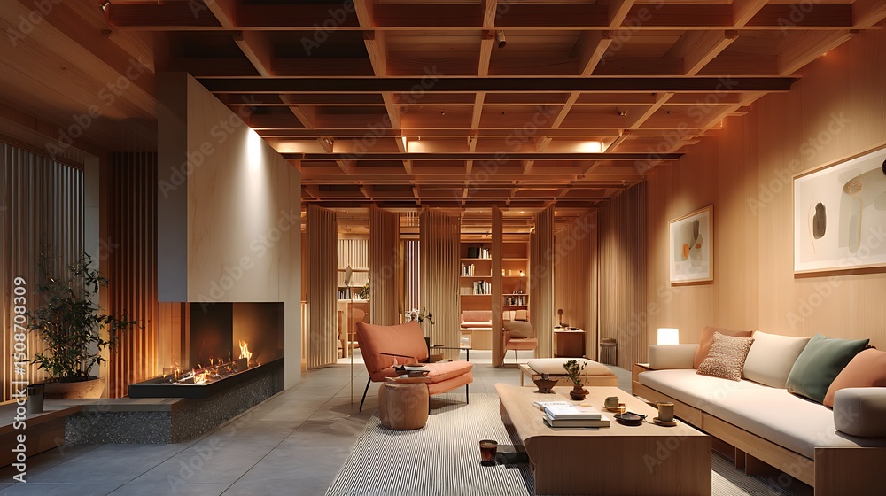 Obraz premium 일본식 모던 우드 스타일 거실 인테리어 AI 생성