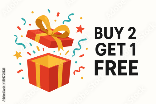 Buy 2 Get 1 Free promotion vector banner with exploding red gift box and confetti. Ideal for retail sales, special offers, marketing campaigns, and discount announcements.