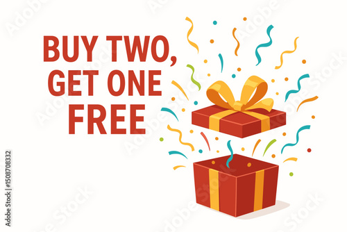Buy Two Get One Free Sale Promotion Vector Illustration with Open Red Gift Box and Confetti Explosion. Ideal for Retail Advertisements, Shopping Discount Offers, and Marketing Banners.