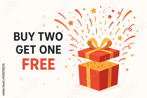 Marketing Promotion Vector Template: Buy Two Get One Free Discount Announcement with Open Gift Box Surprise, Confetti Burst. Perfect for Advertising Sales Events and Retail Deals.