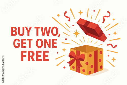 Buy Two Get One Free special offer vector illustration with exploding surprise gift box for retail promotion, marketing campaign, discount announcement, and sales advertising material.