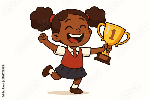 Joyful African American schoolgirl in uniform celebrating victory, triumphantly holding a first-place gold trophy. Cartoon vector illustration of student success and achievement.