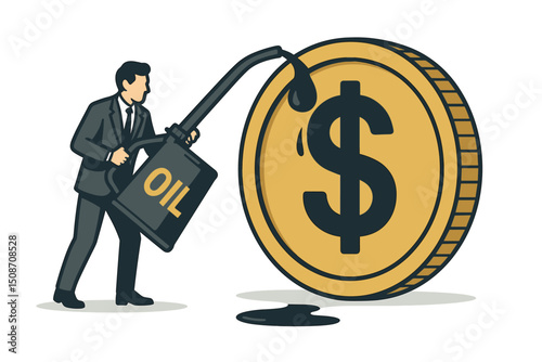 Conceptual vector illustration: Businessman pouring oil from a can onto a large golden dollar coin, representing the crucial role of petroleum in fueling economic growth, finance, and investment.