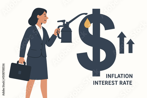 Vector illustration of businesswoman lubricating growing dollar sign, symbolizing economic growth, monetary policy, managing inflation, and rising interest rate challenges.