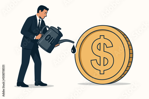 Fueling the economy: Vector illustration of a businessman pouring oil onto a giant dollar coin, representing financial investment, economic stimulus, energy sector funding, and market growth.