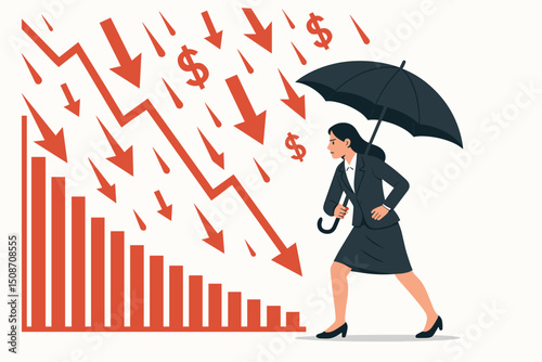 Business executive woman shielding investment from financial recession storm with umbrella. Concept of risk management, protection, insurance during economic downturn vector art.