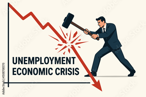 Determined businessman uses a sledgehammer to break a falling red arrow graph representing economic crisis, unemployment, financial downturn, market collapse, and recession struggle.