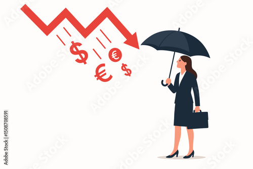 Financial protection concept: Businesswoman uses umbrella as shield against economic recession, falling dollar and euro currency symbols, and downward graph indicating market crisis.