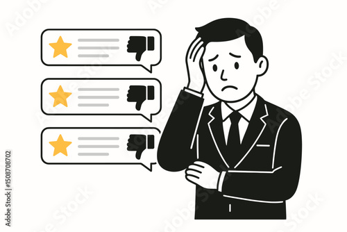 Stressed businessman overwhelmed by negative online customer reviews. Vector illustration showing manager upset by one-star ratings, thumbs down feedback, and poor reputation.