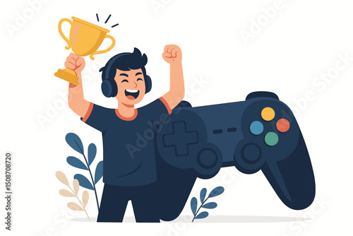 E-sport champion gamer celebrates victory holding golden trophy cup, joyful boy with headphones next to video game controller, successful competition win flat vector illustration