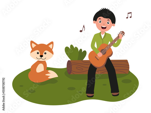 Young musician plays guitar happily with a fox in a green forest setting during daytime. Flat style vector illustration.