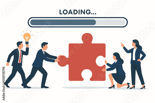 Diverse business professionals demonstrate teamwork and progress by assembling a large puzzle piece under a loading bar. Vector concept for collaboration, problem-solving, and ideas.