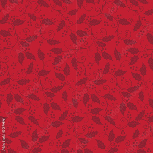 Seamless Christmas Holly Leaves With Swirls On Red Background For Gift Wrap And Fabric Print
