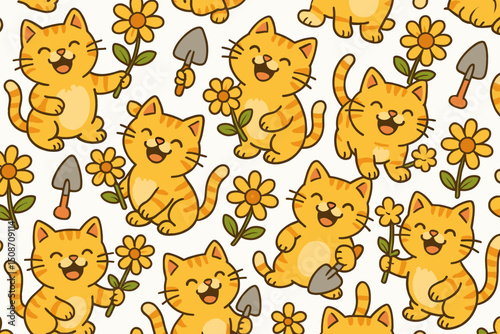 Cute Cartoon Cat Seamless Pattern with Joyful Orange Tabby Kittens, Yellow Flowers, and Garden Shovels. Vector illustration for kids, textiles, wallpaper. Happy playful feline background.