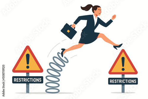 Vector illustration of an ambitious businesswoman in a suit jumping over restriction warning signs using a spring, representing overcoming business challenges, achieving freedom, and career growth.