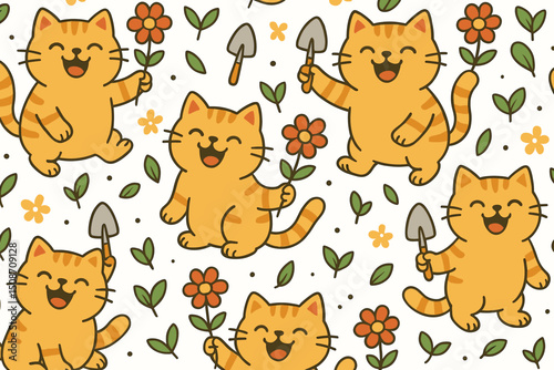 Adorable ginger cat gardening seamless vector pattern. Cute happy cartoon kittens with flowers and trowels on white. Cheerful kawaii pet illustration for kids fabric or wallpaper.
