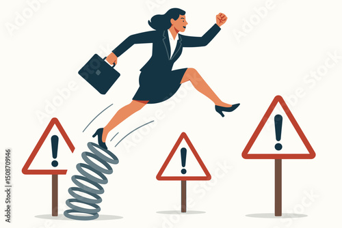 Energetic businesswoman in suit leaps over triangular warning signs using a spring, representing overcoming business obstacles, navigating risks, breaking restrictions for success.