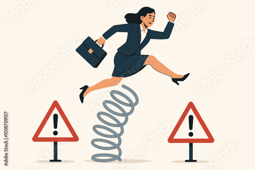 Ambitious businesswoman with briefcase leaps over red warning signs using a spring mechanism, illustrating career advancement, overcoming challenges, and bypassing business risks.