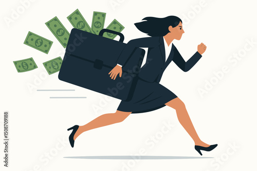 Energetic businesswoman in corporate attire sprinting with a heavy briefcase losing money dollar bills. Flat vector illustration concept for financial race, urgency, wealth management.